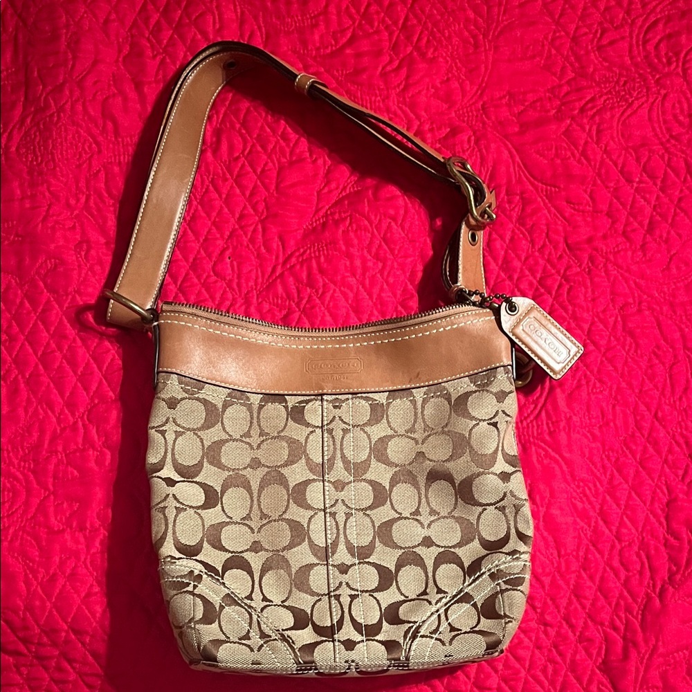 Vintage Coach Brown and Tan Signature Shoulder Bag
